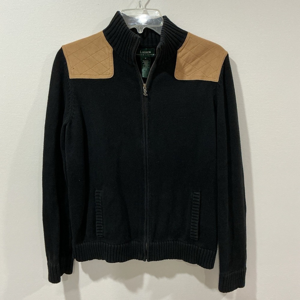 Vtg Lauren Ralph Lauren Sweater Black Full Zip Elbow Patches Size M Old Money